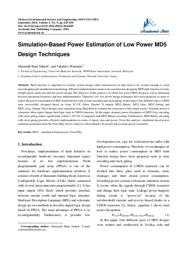 (PDF) Simulation-Based Power Estimation of Low Power MD5 Design Techniques