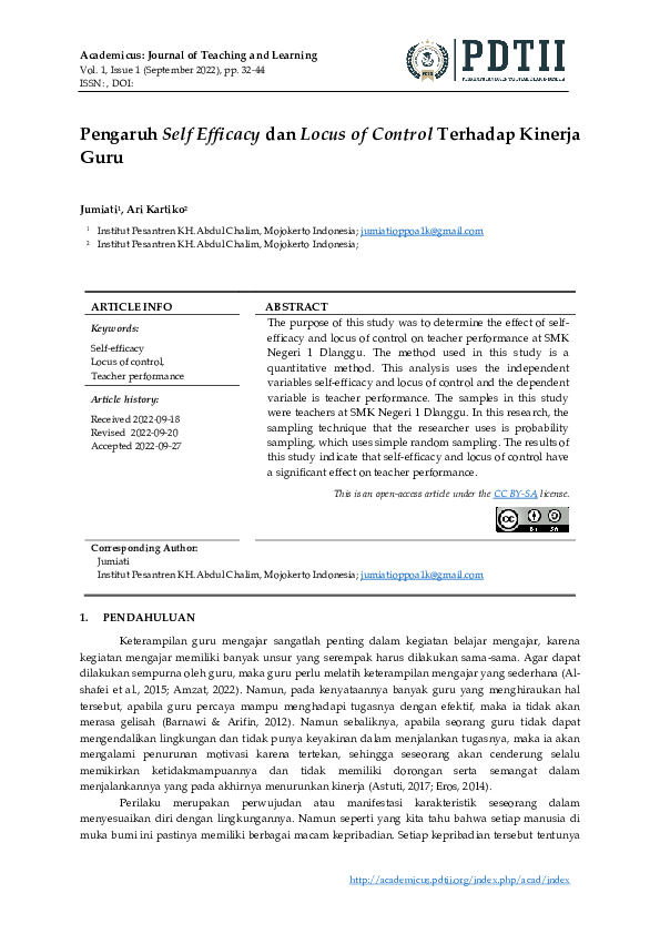 (PDF) Pengaruh Self Efficacy dan Locus of Control Terhadap Kinerja Guru