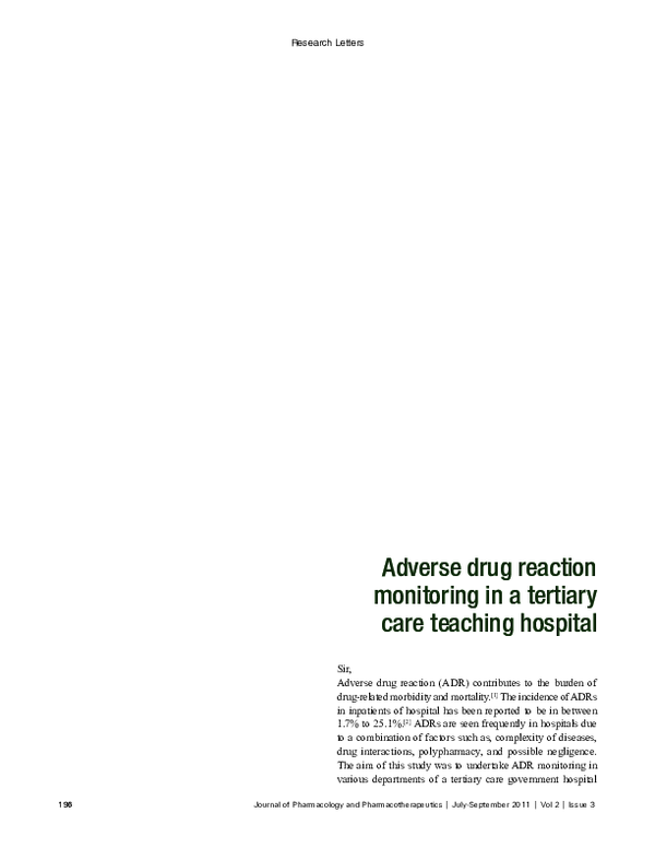 (PDF) Adverse drug reaction monitoring in a tertiary care teaching hospital