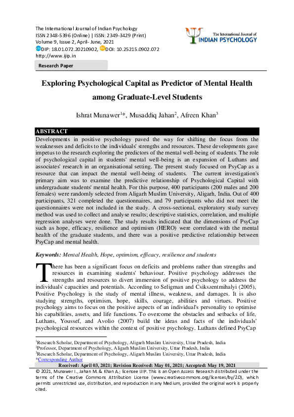 (PDF) Exploring Psychological Capital as Predictor of Mental Health ...