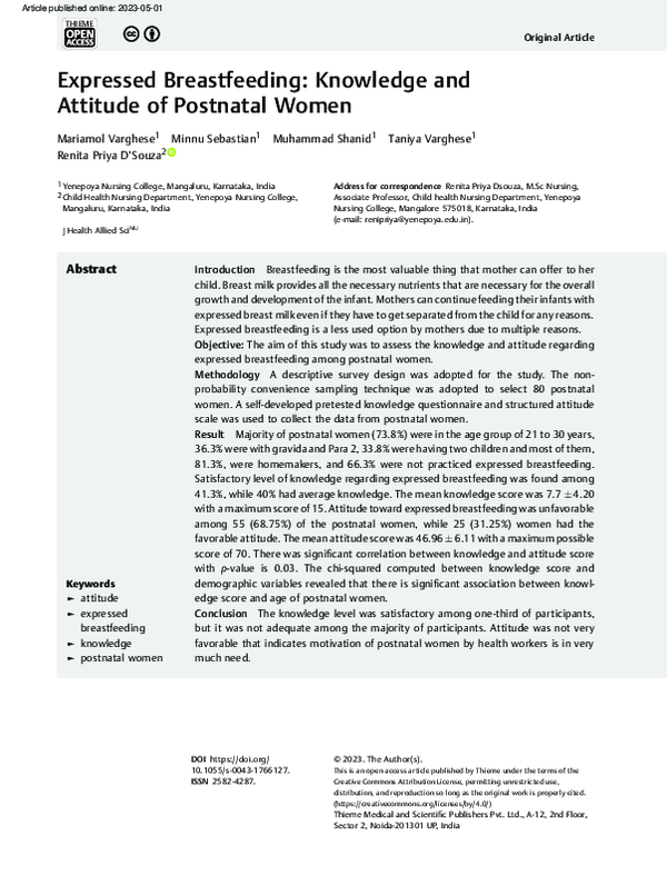 (PDF) Expressed Breastfeeding: Knowledge and Attitude of Postnatal Women