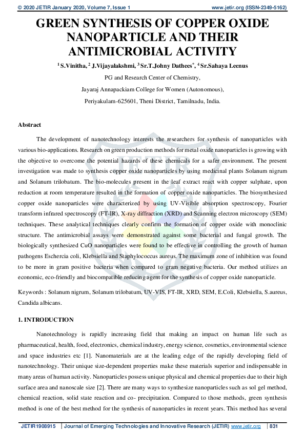 (PDF) Green Synthesis of Copper Oxide Nanoparticles and their ...