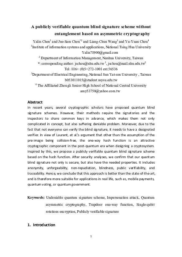 (PDF) A publicly verifiable quantum blind signature scheme without ...