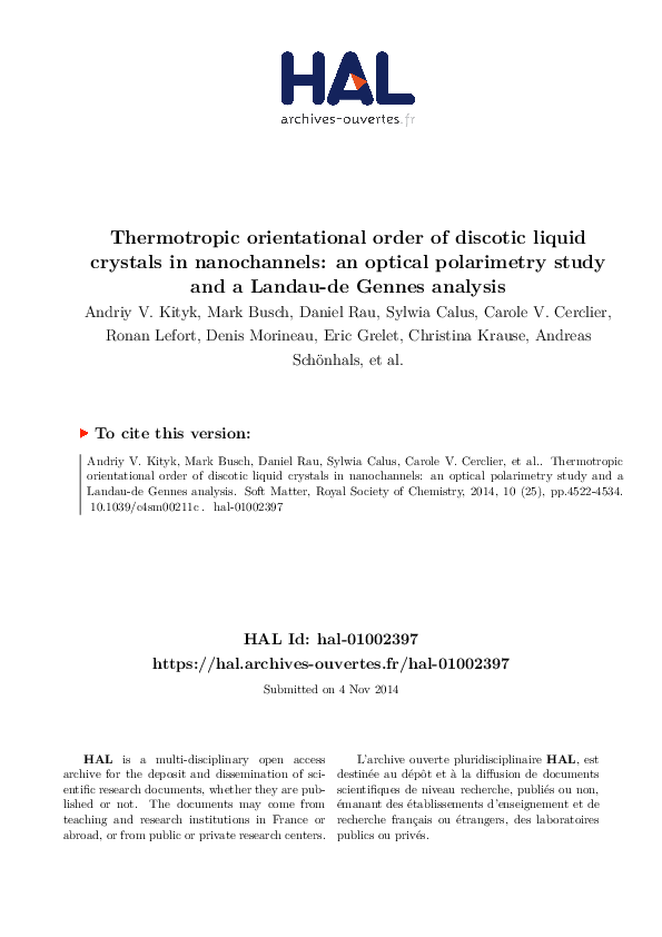 (PDF) Thermotropic orientational order of discotic liquid crystals in ...