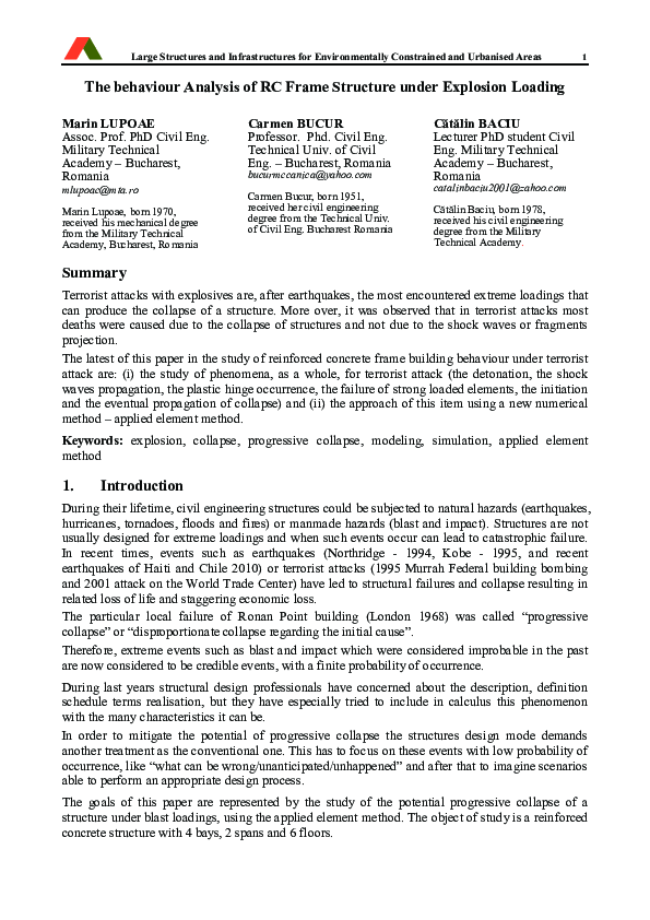(PDF) The behaviour Analysis of RC Frame Structure under Explosion Loading