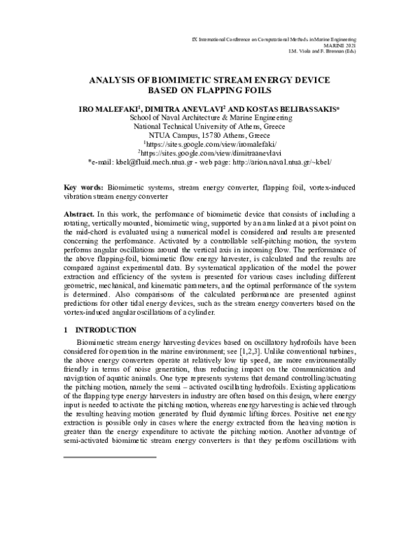 (PDF) Analysis of biomimetic stream energy device based on flapping foils