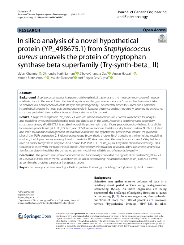 (PDF) In silico analysis of a novel hypothetical protein (YP_498675.1 ...