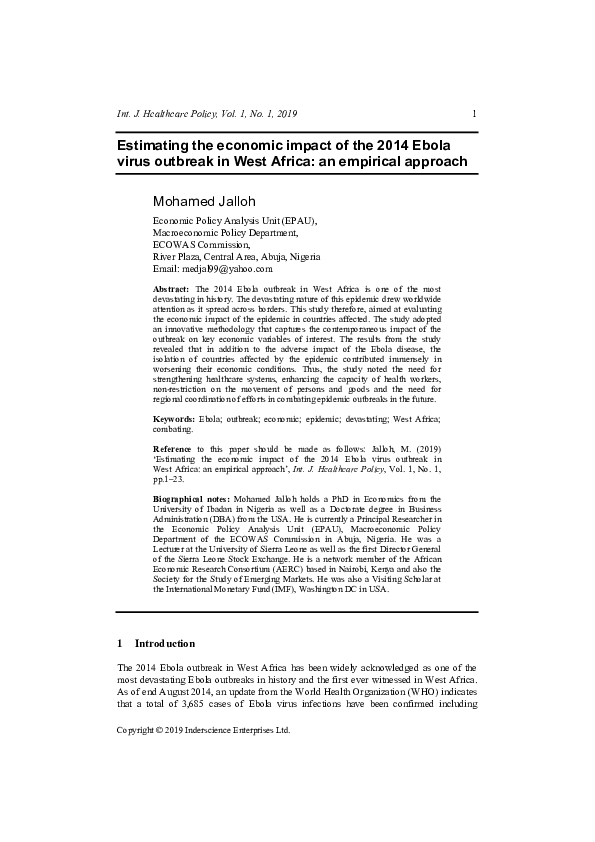 (PDF) Estimating the economic impact of the 2014 Ebola virus outbreak ...