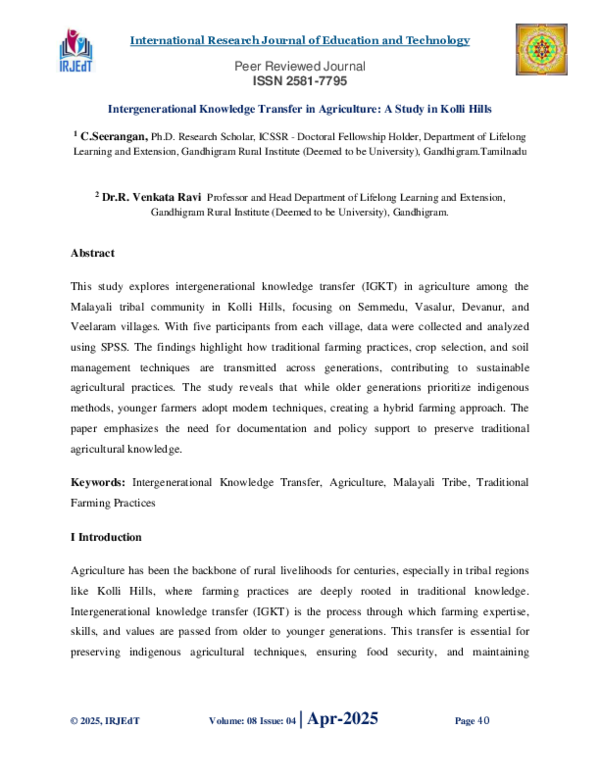 (PDF) Intergenerational Knowledge Transfer in Agriculture: A Study in ...