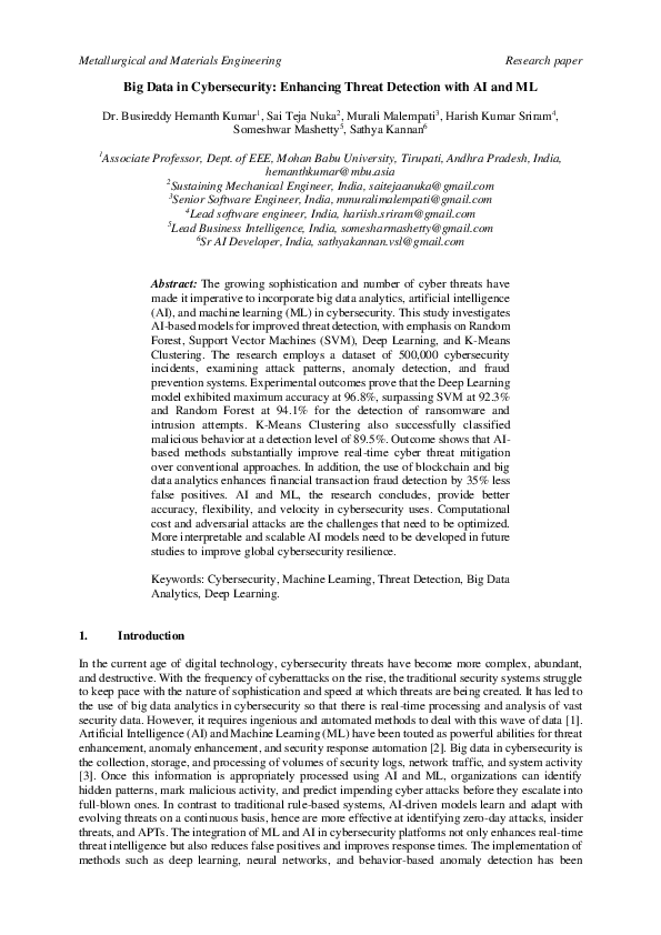 (PDF) Big Data in Cybersecurity: Enhancing Threat Detection with AI and ML