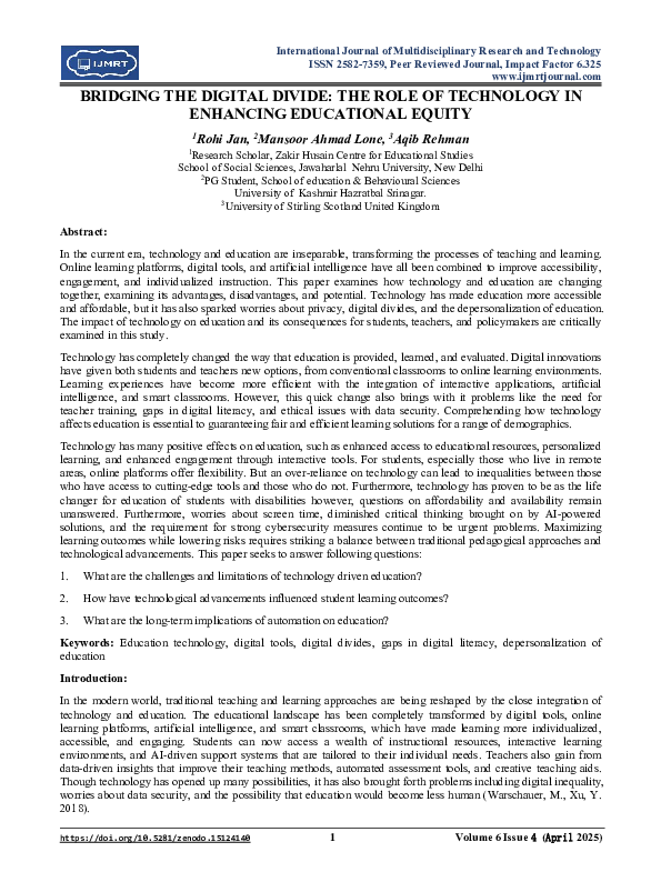 (PDF) BRIDGING THE DIGITAL DIVIDE: THE ROLE OF TECHNOLOGY IN ENHANCING ...