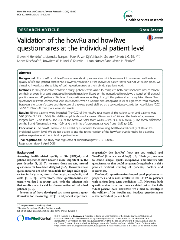 (PDF) Validation of the howRu and howRwe questionnaires at the ...
