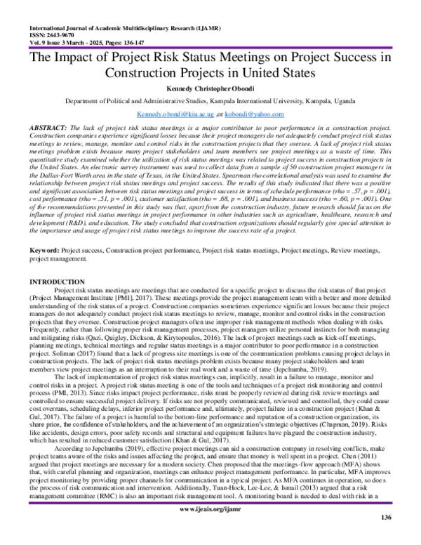 (PDF) The Impact of Project Risk Status Meetings on Project Success in ...