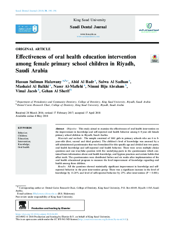 (PDF) Effectiveness of oral health education intervention among female ...