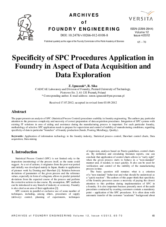 (PDF) Specificity of SPC Procedures Application in Foundry in Aspect of ...