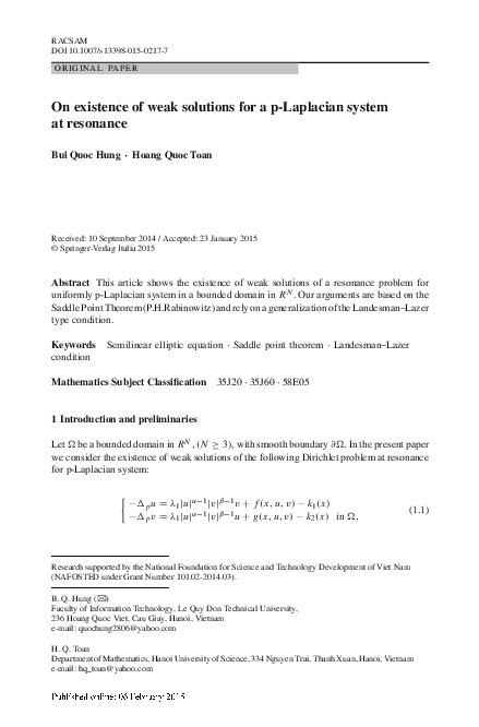 (PDF) On existence of weak solutions for a p-Laplacian system at resonance