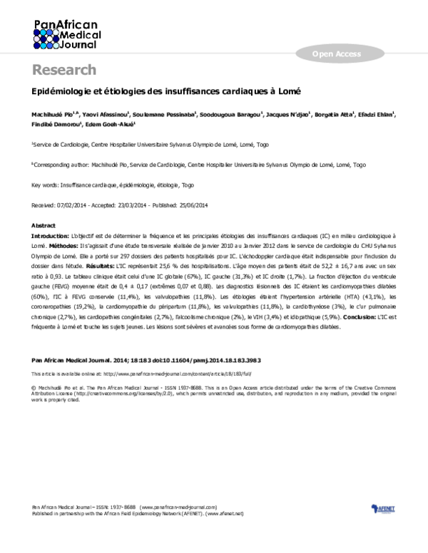 (PDF) [Epidemiology and etiology of heart failure in Lome]