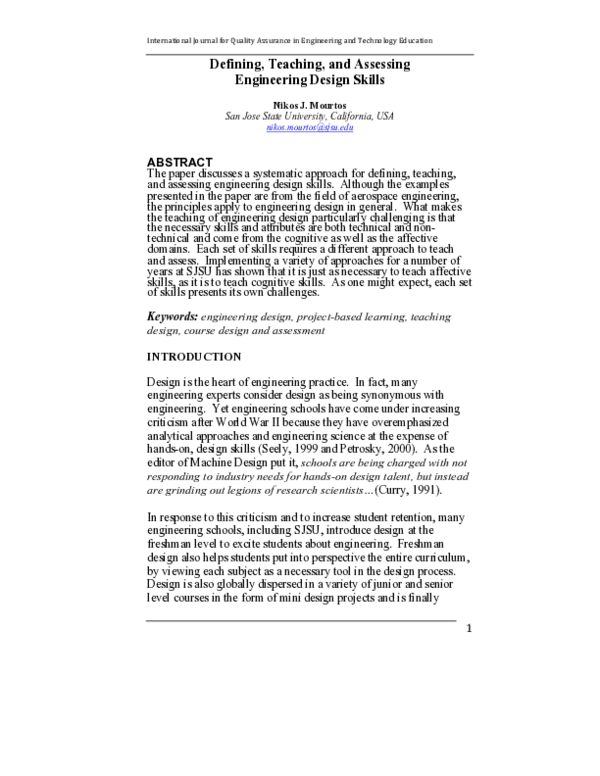 (PDF) Defining, Teaching, and Assessing Engineering Design Skills