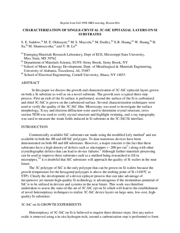 (PDF) Characterization of Single-Crystal 3C-SIC Epitaxial Layers on SI ...