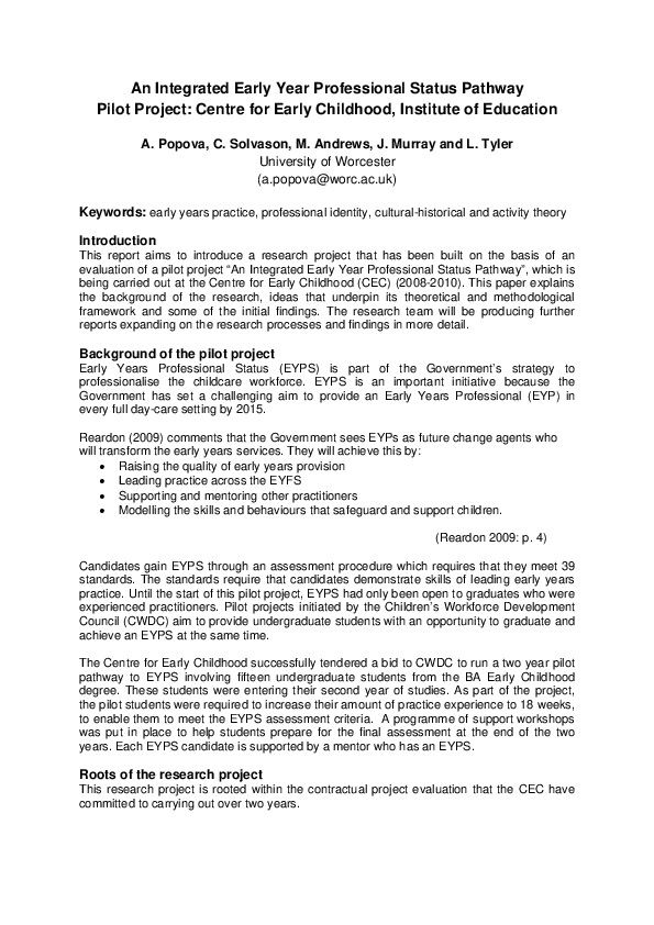(PDF) An Integrated Early Year Professional Status Pathway Pilot ...