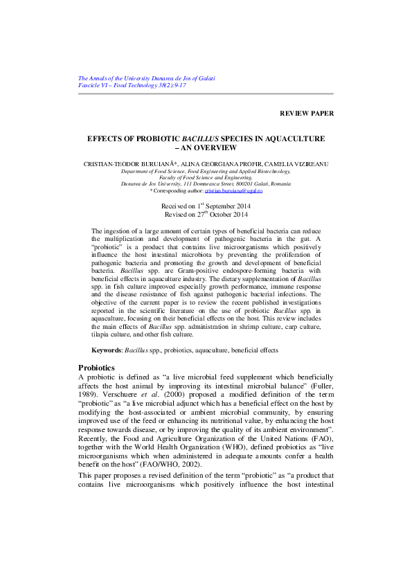(PDF) Effects of Probiotic Bacillus Species in Aquaculture – an Overview