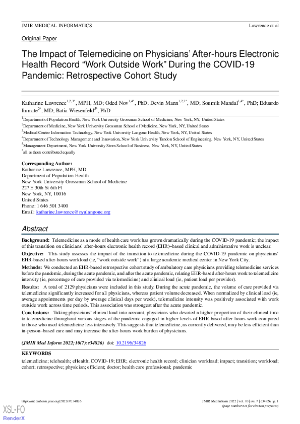 (PDF) The Impact of Telemedicine on Physicians’ After-hours Electronic ...