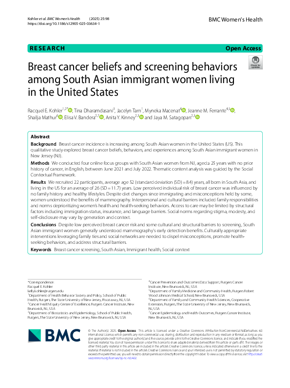 (PDF) Breast cancer beliefs and screening behaviors among South Asian ...