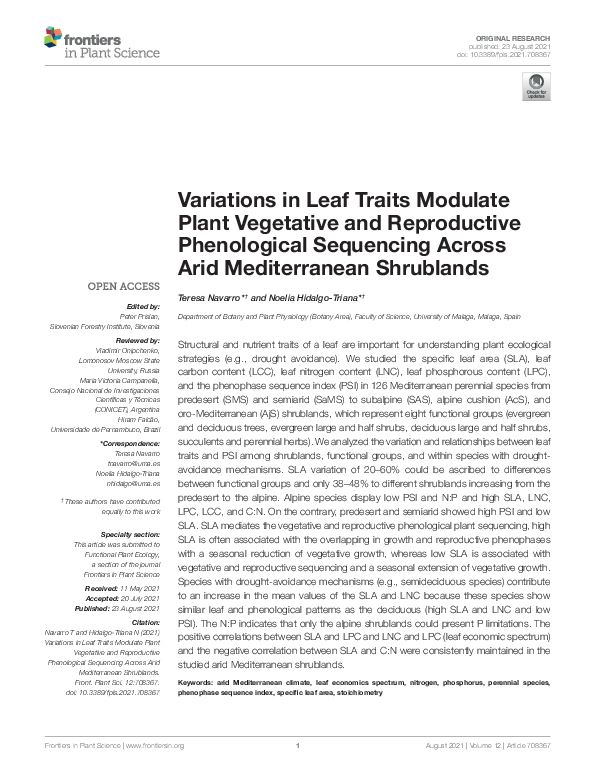 (PDF) Variations in Leaf Traits Modulate Plant Vegetative and ...