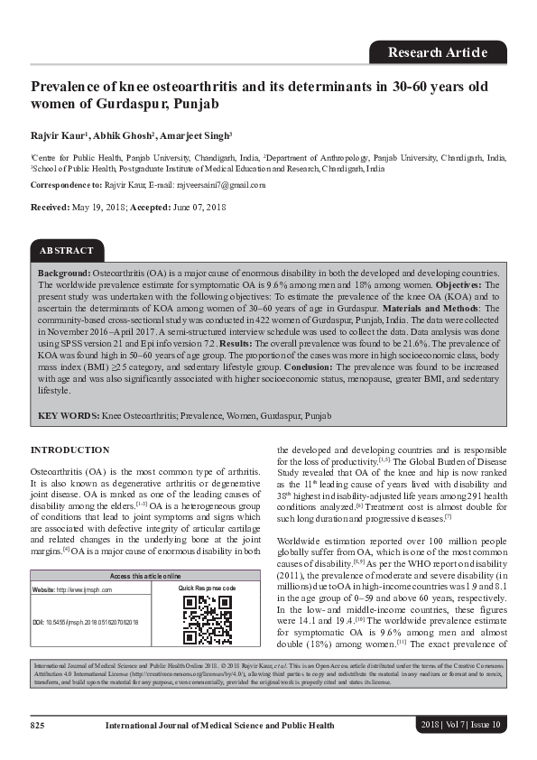 (PDF) Prevalence of knee osteoarthritis and its determinants in 30-60 ...