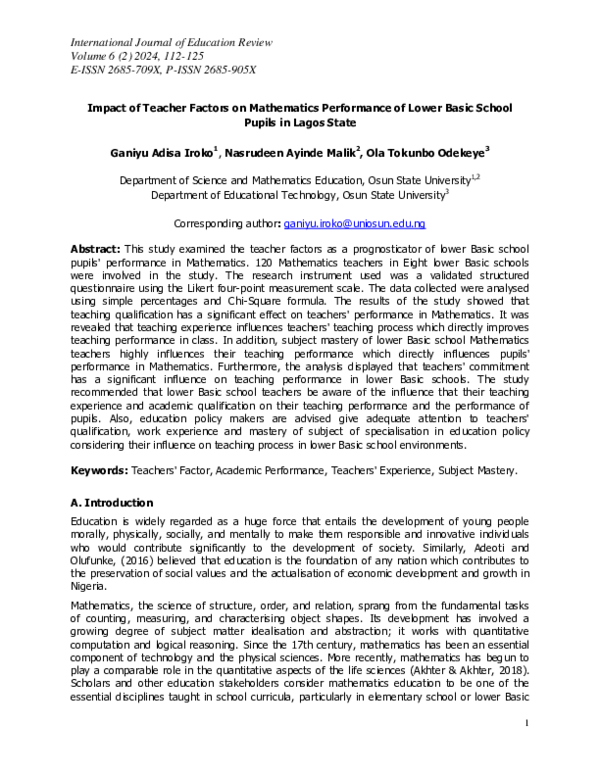 (PDF) Impact of Teacher Factors on Mathematics Performance of Lower ...