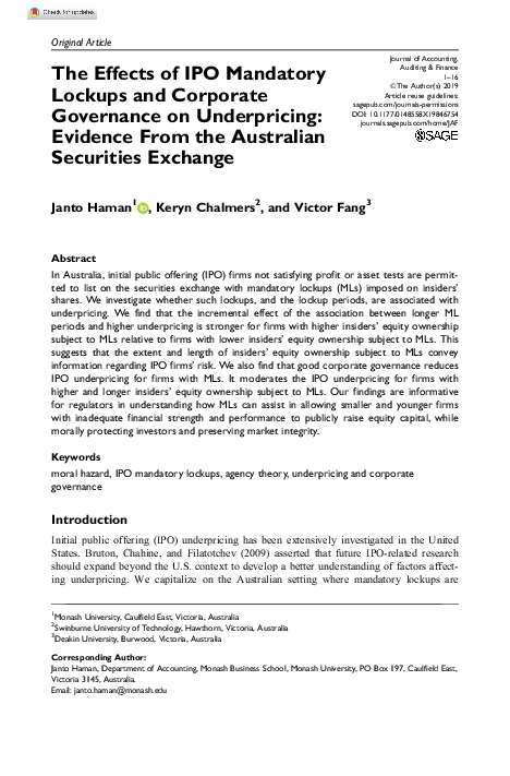 (PDF) The Effects of IPO Mandatory Lockups and Corporate Governance on ...