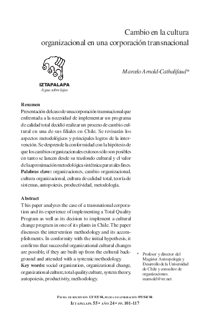 (PDF) Cambio en la cultura organizacional en una corporación transnacional