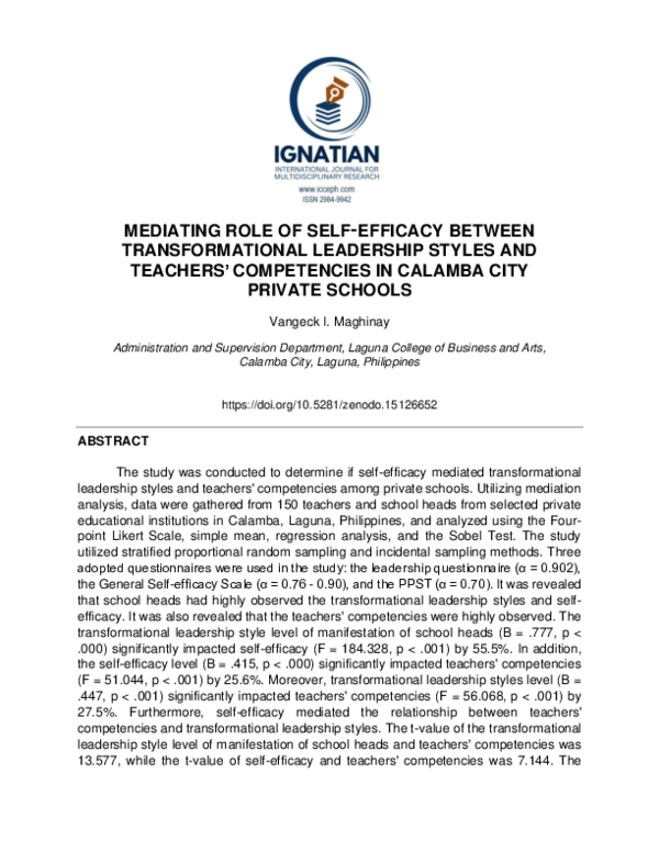 (PDF) MEDIATING ROLE OF SELF EFFICACY BETWEEN TRANSFORMATIONAL ...
