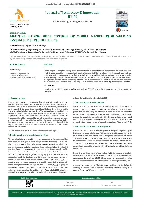 (PDF) ADAPTIVE SLIDING MODE CONTROL OF MOBILE MANIPULATOR WELDING ...