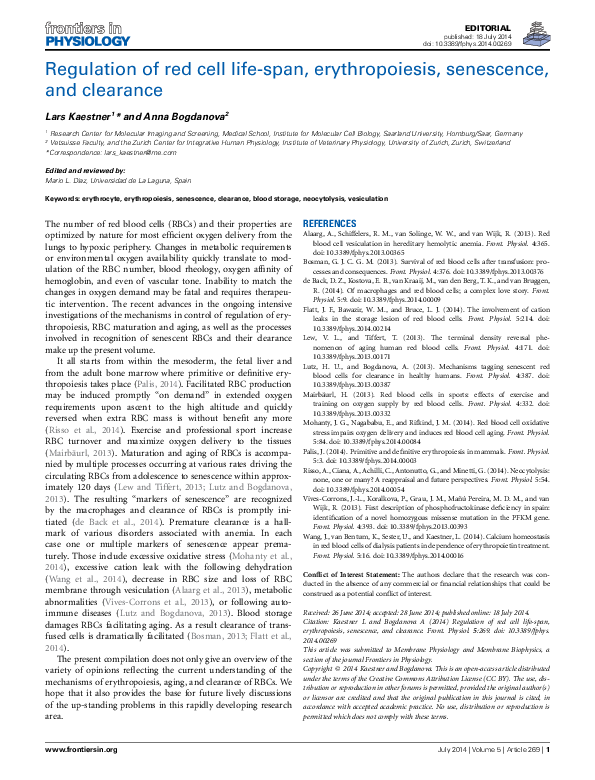(PDF) Regulation of red cell life-span, erythropoiesis, senescence and ...