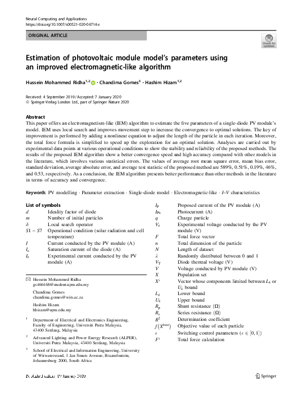 (PDF) Estimation of photovoltaic module model’s parameters using an ...