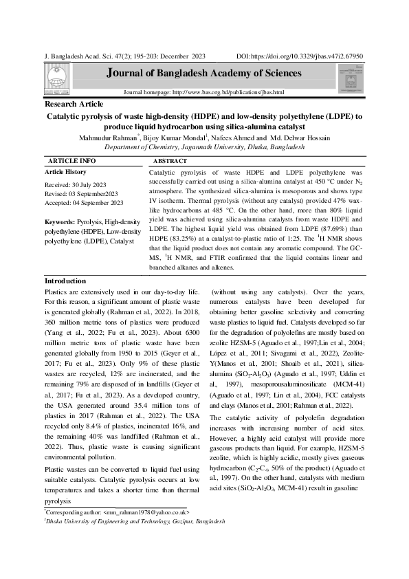 (PDF) Catalytic pyrolysis of waste high-density (HDPE) and low-density ...