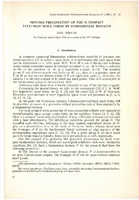 (PDF) Minimal presentation of the 10 compact euclidean space forms by ...