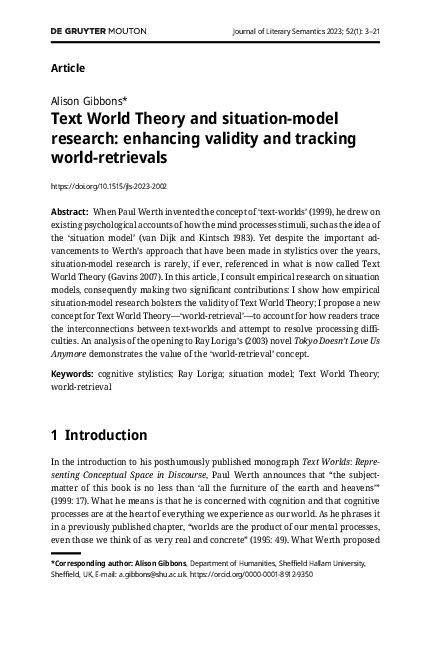 (PDF) Gibbons, A. (2023) ‘Text World Theory and Situation Model ...