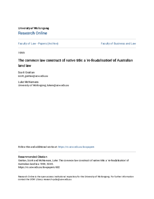 (PDF) The common law construct of native title: a 're-feudalisation' of ...