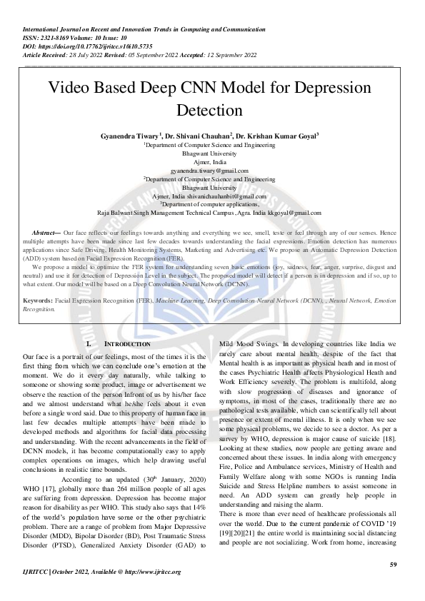 (PDF) Video Based Deep CNN Model for Depression Detection