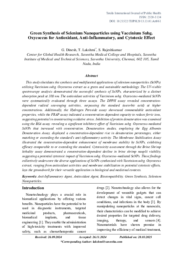(PDF) Green Synthesis of Selenium Nanoparticles using Vaccinium Subg ...