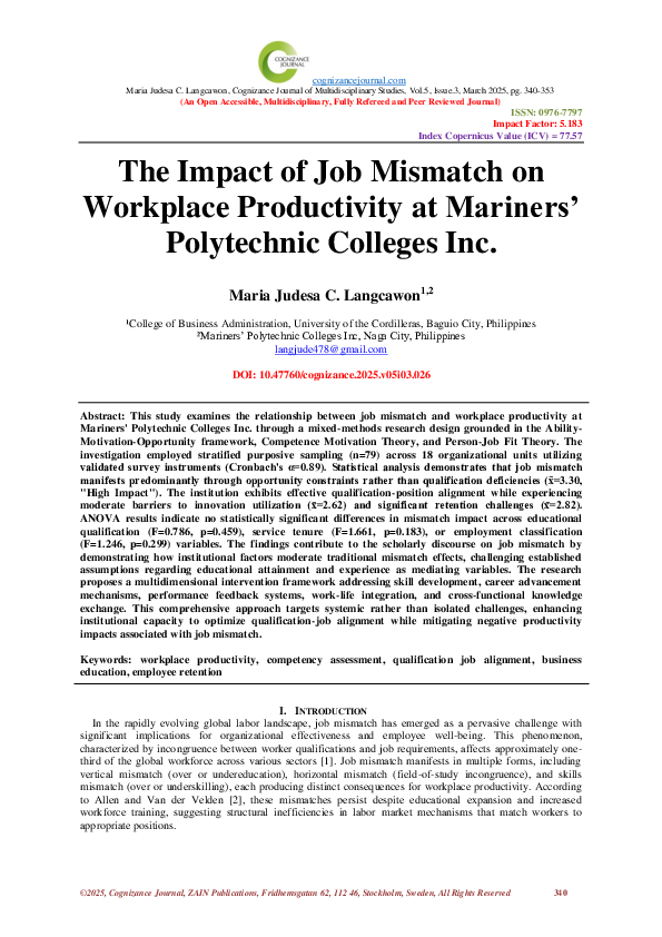 (PDF) The Impact of Job Mismatch on Workplace Productivity at Mariners ...