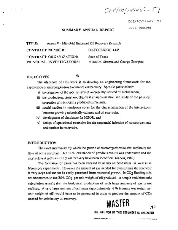 (PDF) Microbial enhanced oil recovery research. Annex 5, Summary annual ...