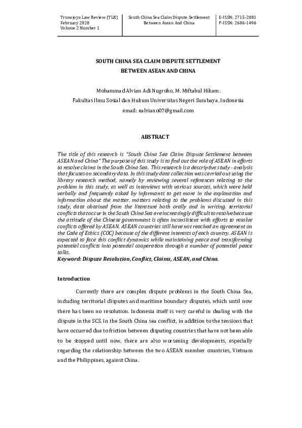 (PDF) South China Sea Claim Dispute Settlement Between Asean and China