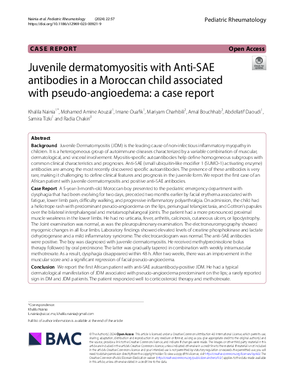 (PDF) Juvenile dermatomyositis with Anti-SAE antibodies in a Moroccan ...
