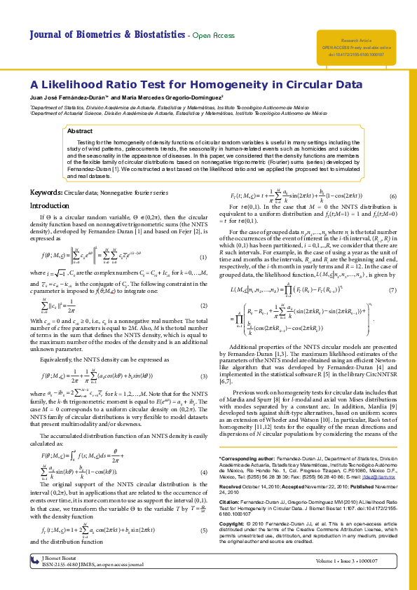 (PDF) A Likelihood Ratio Test for Homogeneity in Circular Data