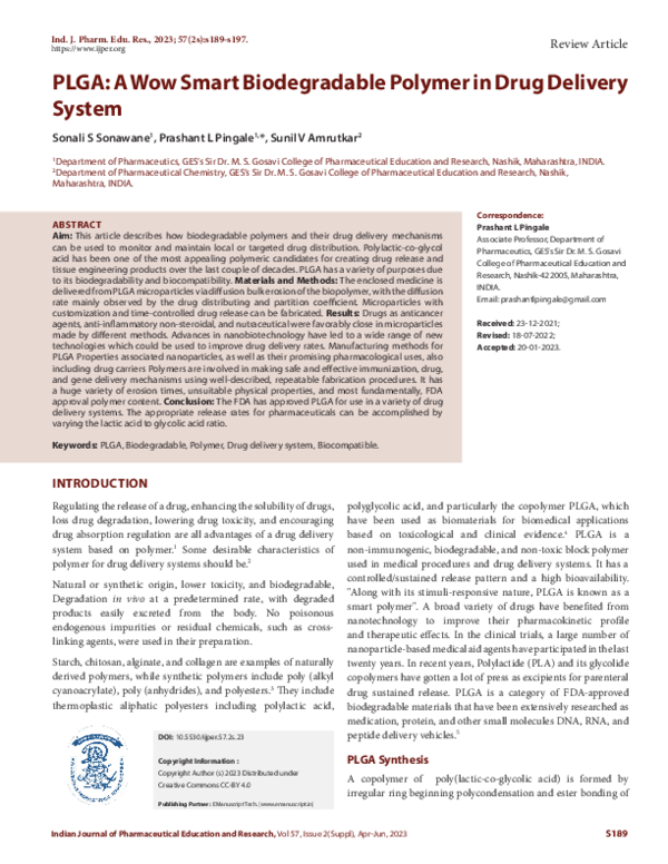 (PDF) PLGA: A Wow Smart Biodegradable Polymer in Drug Delivery System