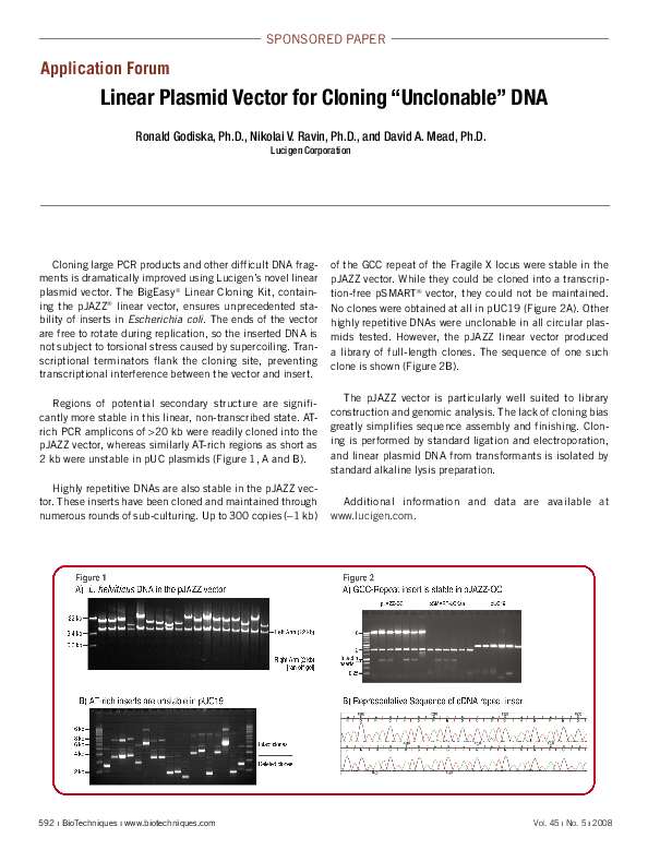 (PDF) Linear Plasmid Vector for Cloning “Unclonable” DNA