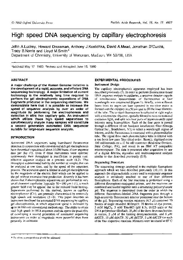 (PDF) High speed DNA sequencing by capillary electrophoresis